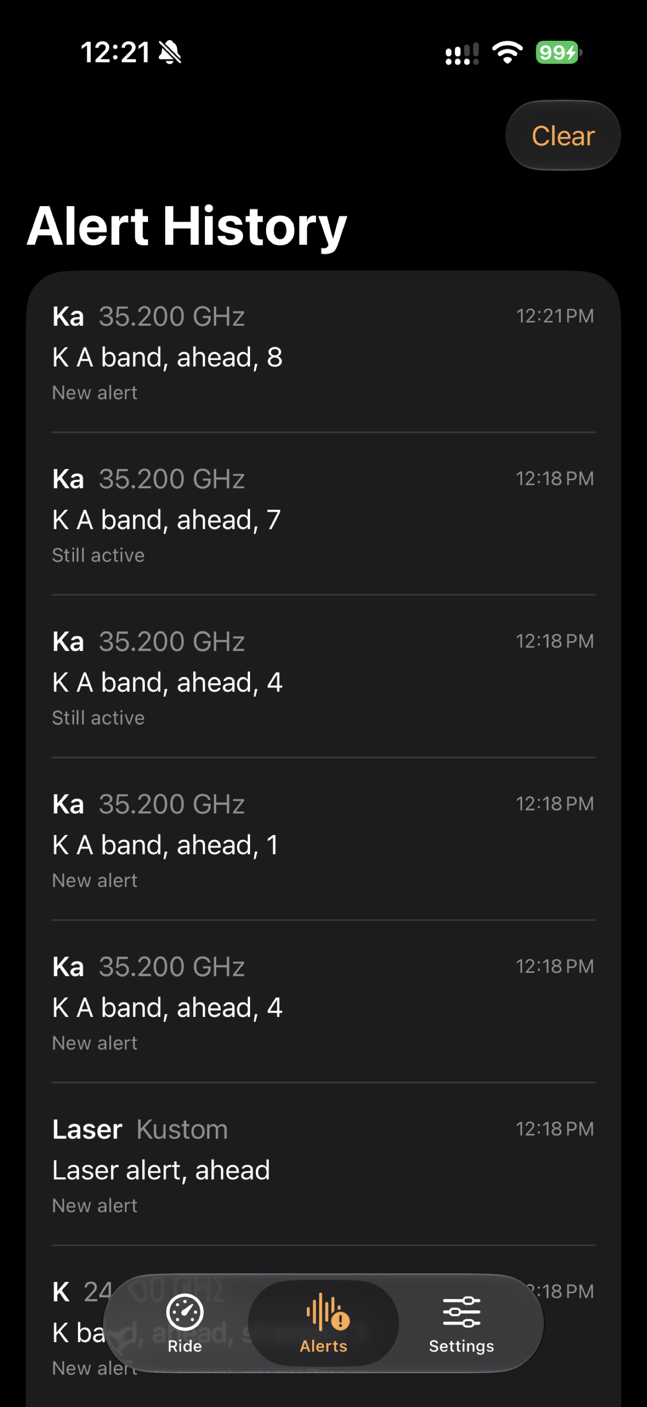 Radar Relay Alerts screen showing recent detector alerts