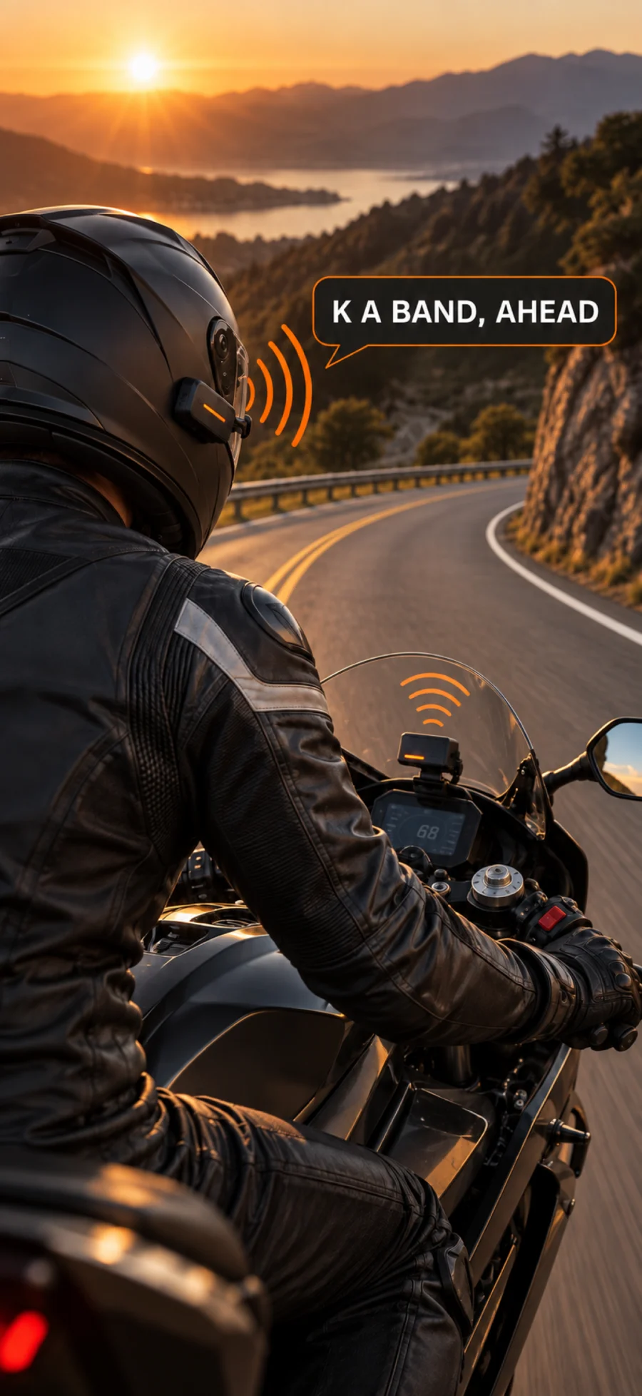 A motorcyclist receiving a spoken Ka band alert through a Bluetooth helmet headset