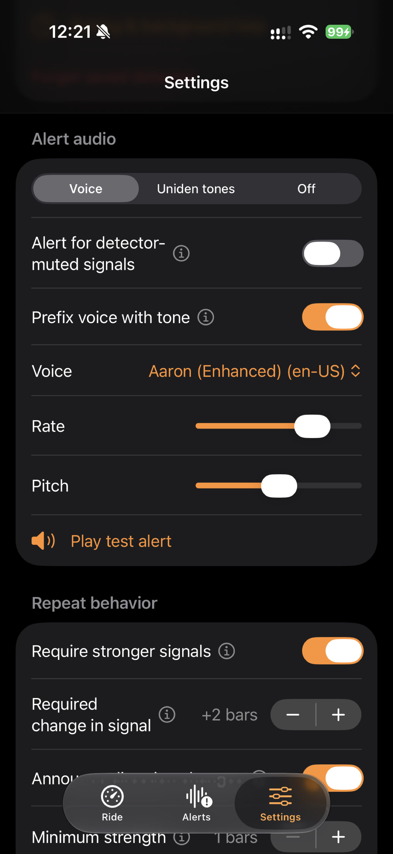 Radar Relay Settings screen with voice and tone options, a test alert, and repeat controls